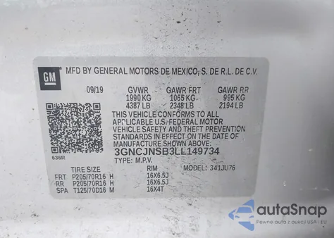 2020 Chevrolet Trax Awd Ls from USA, damaged, VIN 3GNCJNSB3LL149734